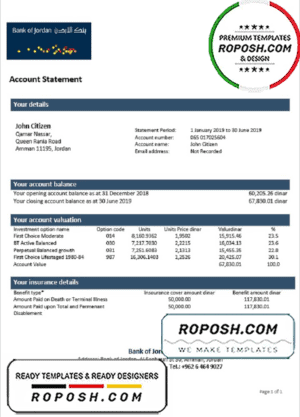 Jordan Bank of Jordan proof of address bank statement template in Word and PDF format