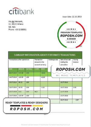 Italy Citibank statement template in .doc and .pdf format, fully editable