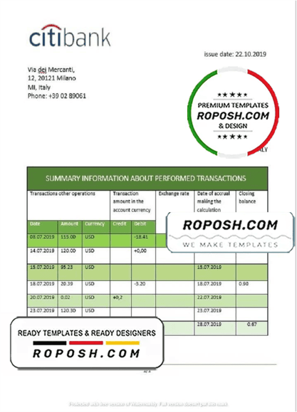 Italy Citibank statement template in .doc and .pdf format, fully editable