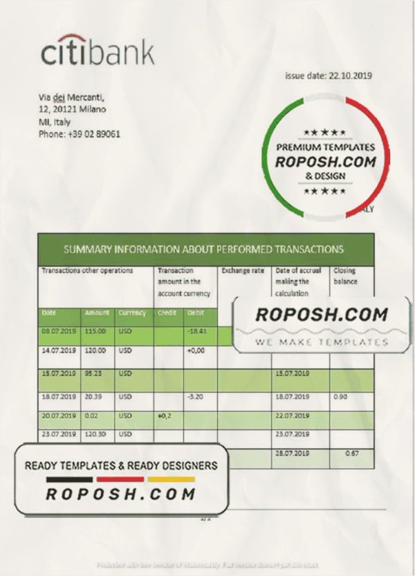 Italy Citibank statement template in .doc and .pdf format, fully editable