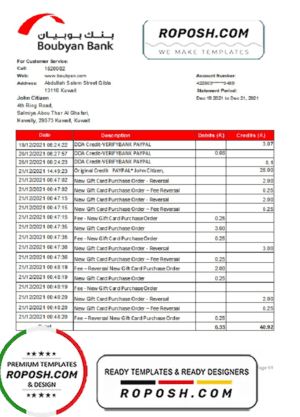Kuwait Boubyan bank proof of address statement template in Word and PDF format