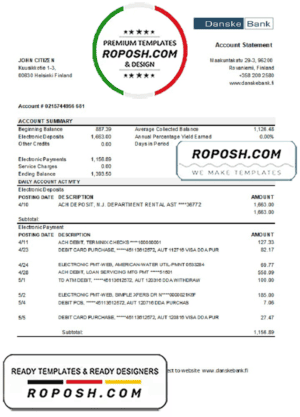 Finland Danske bank statement easy to fill template in .xls and .pdf file format