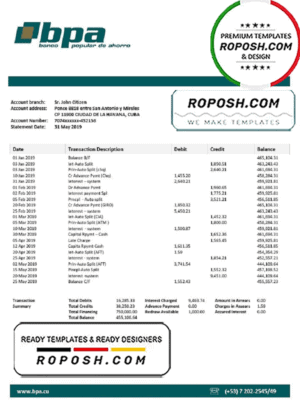 Cuba Banco Popular de Ahorro (BPA) bank proof of address statement template in Word and PDF format