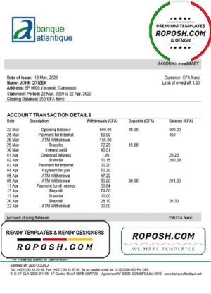 Cameroon Atlantic bank statement template in Word and PDF format