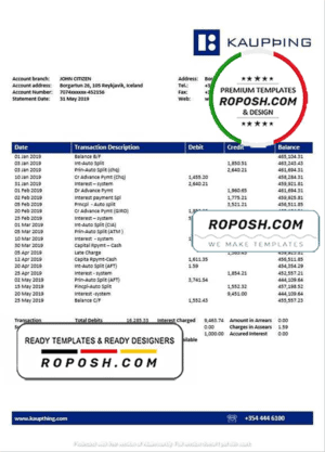 Iceland Kaupthing bank statement template in Word and PDF format