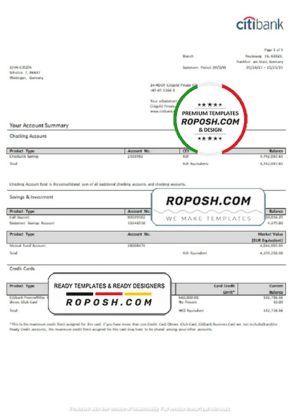 Germany Citibank bank account statement template in Word and PDF format
