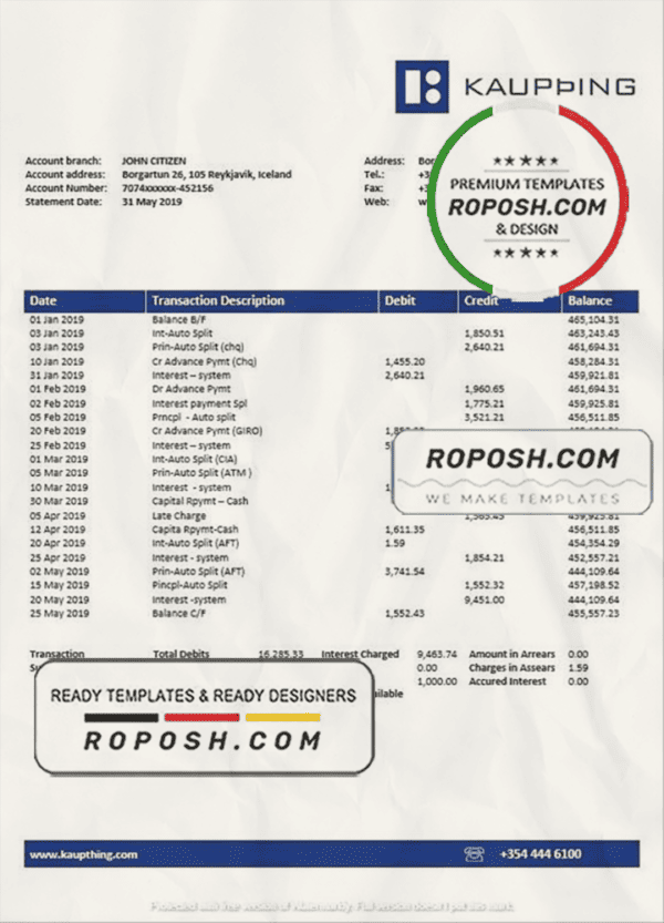 Iceland Kaupthing bank statement template in Word and PDF format