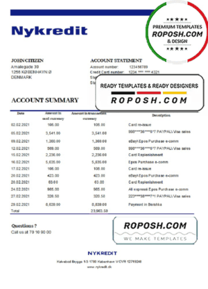 Denmark Nykredit bank statement easy to fill template in .xls and .pdf file format