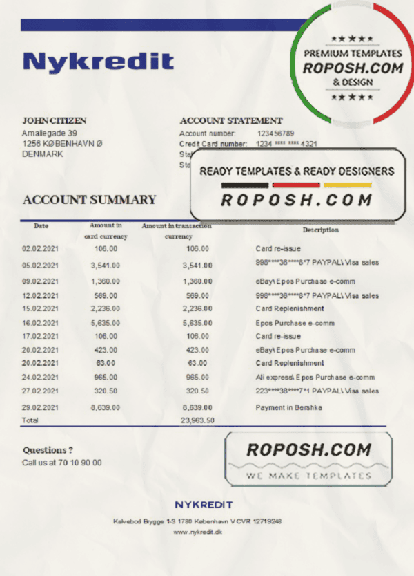 Denmark Nykredit bank statement easy to fill template in .xls and .pdf file format