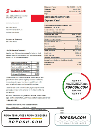 Canada Scotiabank bank statement easy to fill template in Excel and PDF format (AutoSum)