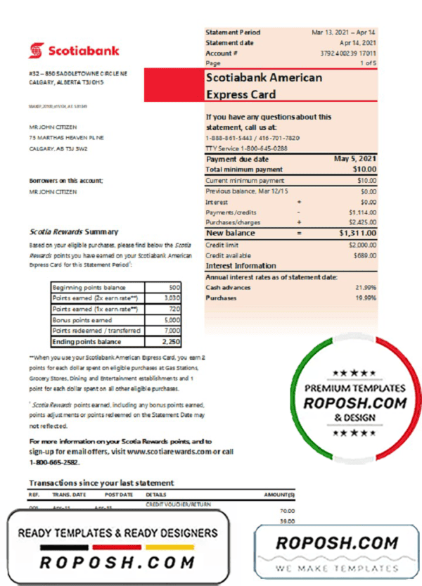 Canada Scotiabank bank statement easy to fill template in Excel and PDF format (AutoSum)