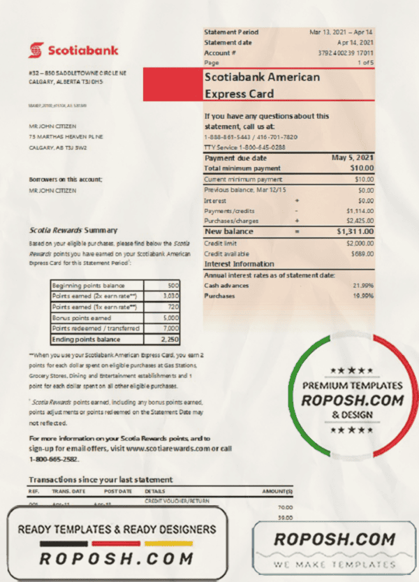Canada Scotiabank bank statement easy to fill template in Excel and PDF format (AutoSum)