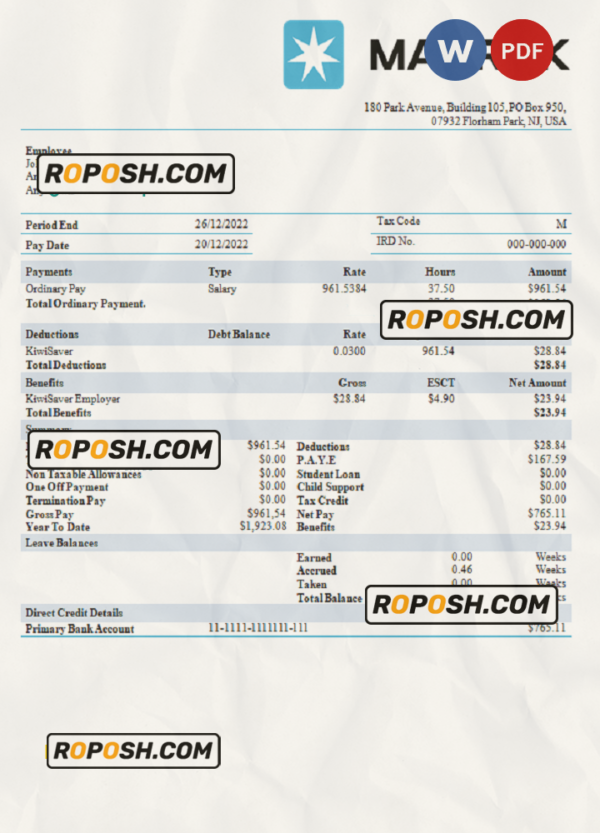 USA Maesk shipping company pay stub Word and PDF template