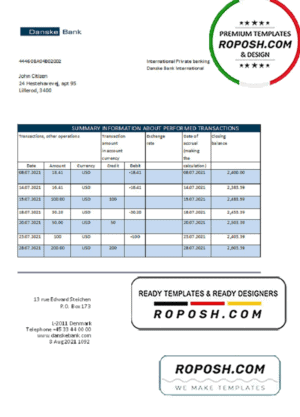 Denmark Danskebank bank statement easy to fill template in Excel and PDF format
