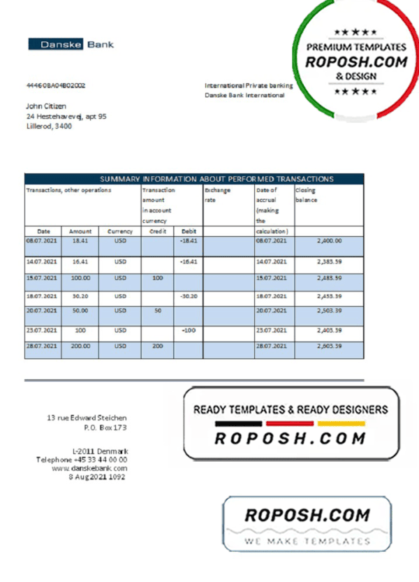 Denmark Danskebank bank statement easy to fill template in Excel and PDF format