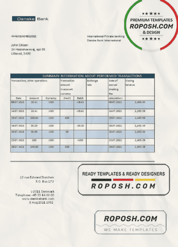 Denmark Danskebank bank statement easy to fill template in Excel and PDF format
