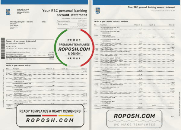 Canada Royal Bank of Canada (RBC) bank statement template in Word and PDF format (4 pages)