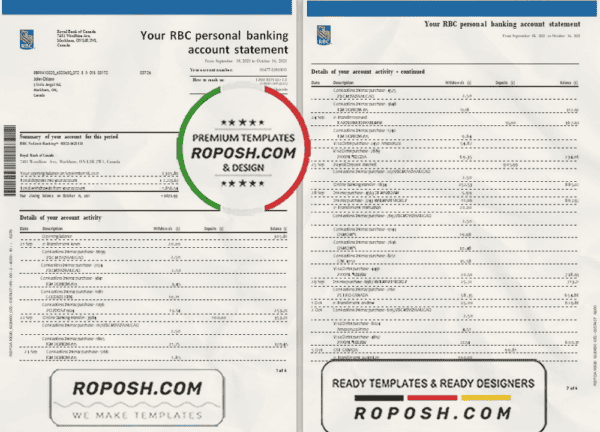Canada Royal Bank of Canada (RBC) bank statement template in .xls and .pdf file format (4 pages) (AutoSum)