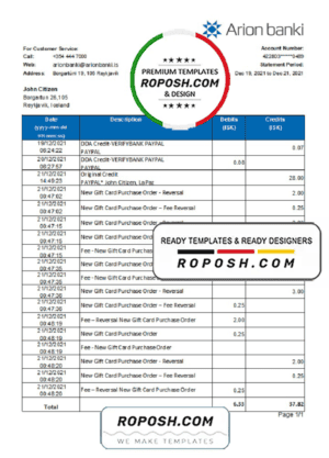 Iceland Arion Bank statement easy to fill template in .xls and .pdf file format