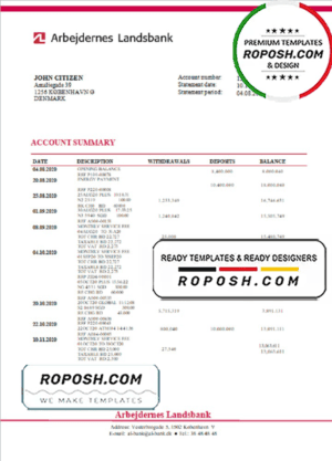Denmark Arbejdernes Landsbank bank statement template in Word and PDF format