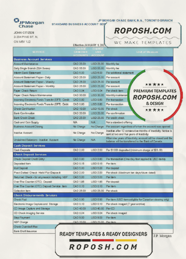 Canada JP Morgan Chase proof of address bank statement template in Word and PDF format
