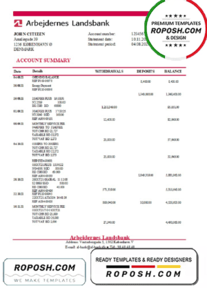 Denmark Arbejdernes Landsbank bank statement easy to fill template in Excel and PDF format