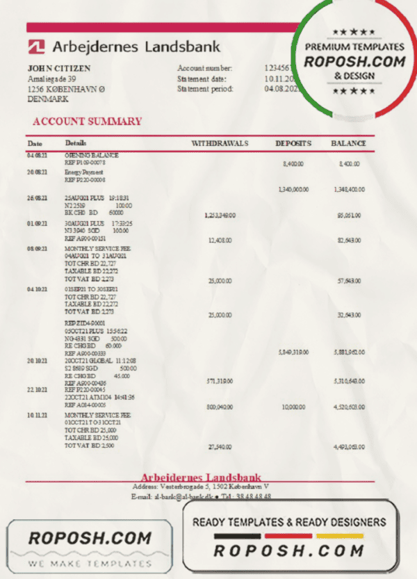Denmark Arbejdernes Landsbank bank statement easy to fill template in Excel and PDF format