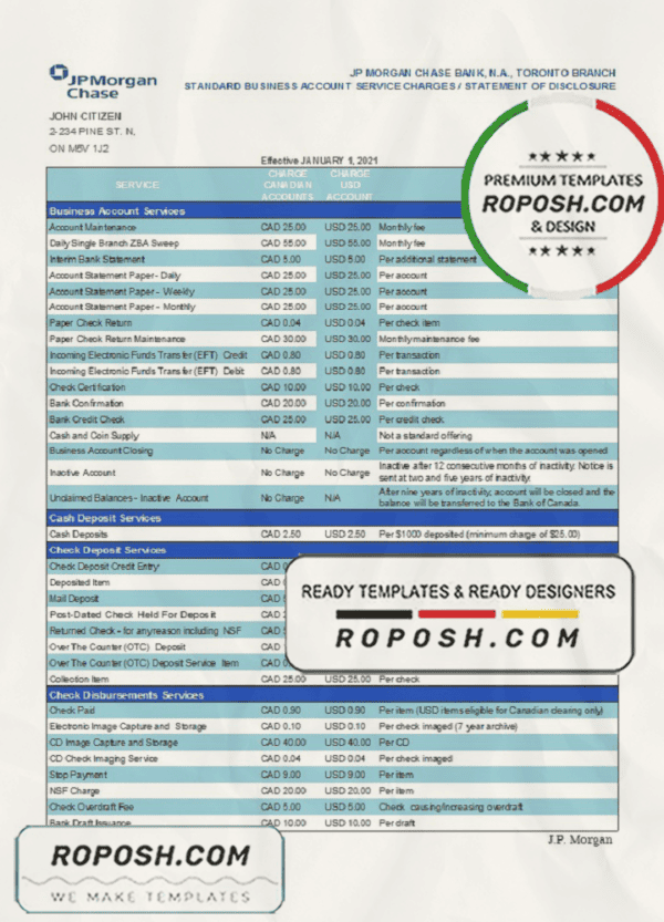 Canada JP Morgan Chase proof of address bank statement template in Excel and PDF format (AutoSum)