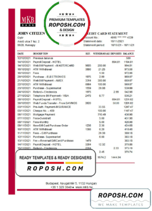 Hungary MKB Bank statement easy to fill template in .xls and .pdf file format
