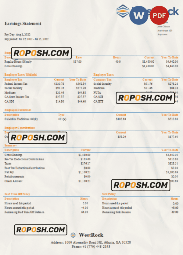 USA WestRock packaging company pay stub Word and PDF template