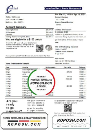 Canada CrawfordTech bank statement easy to fill template in Excel and PDF format