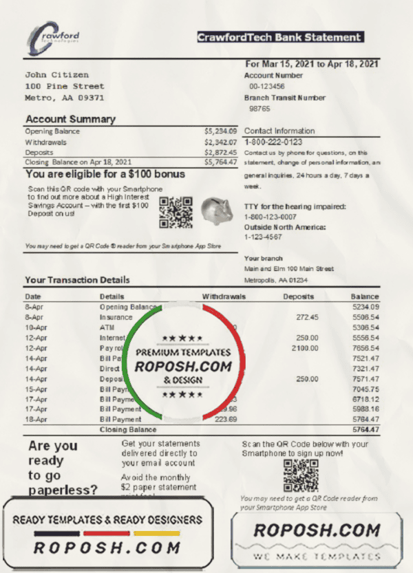 Canada CrawfordTech bank statement easy to fill template in Excel and PDF format