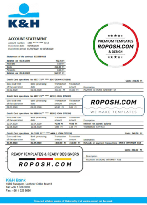 Hungary K&H Bank statement template in Word and PDF format