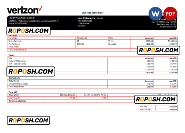 USA Verizon telecommunication company pay stub Word and PDF template
