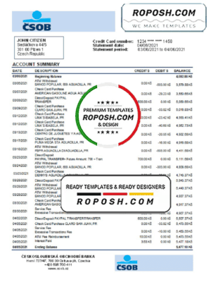 Czech Republic Československá Obchodní Banka bank statement easy to fill template in .xls and .pdf file format