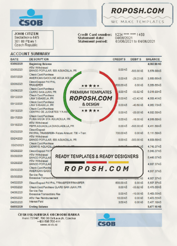 Czech Republic Československá Obchodní Banka bank statement easy to fill template in .xls and .pdf file format