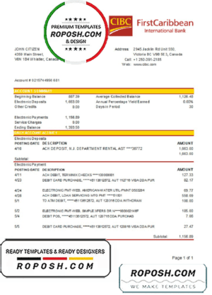 Canada CIBC Bank statement template in Word and PDF format (.doc and .pdf)