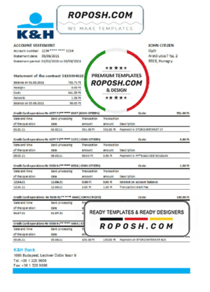Hungary K&H Bank statement easy to fill template in Excel and PDF format