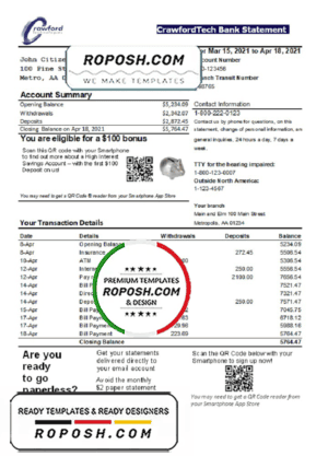 Canada CrawfordTech bank proof of address statement template in Word and PDF format (.doc and .pdf)
