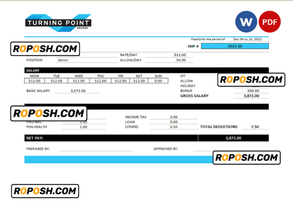 USA Turning Point Brands tobacco company pay stub Word and PDF template