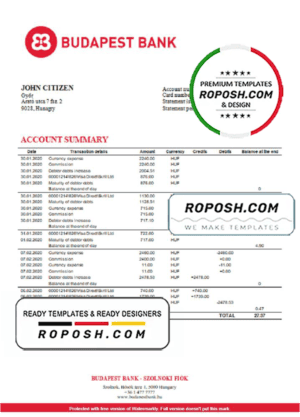 Hungary Budapest Bank – Szolnoki Fiók bank statement template in Word and PDF format