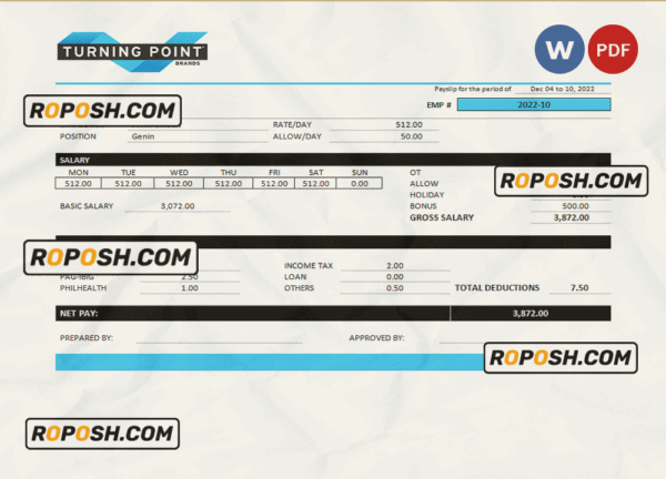 USA Turning Point Brands tobacco company pay stub Word and PDF template