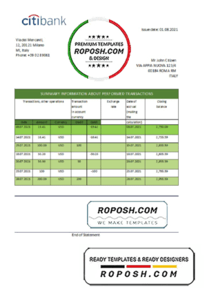 Italy Citibank bank statement easy to fill template in .xls and .pdf file format