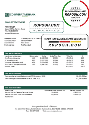 Kenya Co-Operative Bank proof of address statement template in Word and PDF format, .doc and .pdf format