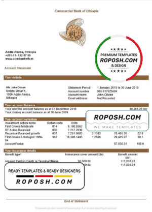 Ethiopia Commercial Bank of Ethiopia bank statement template in Word and PDF format, good for address prove
