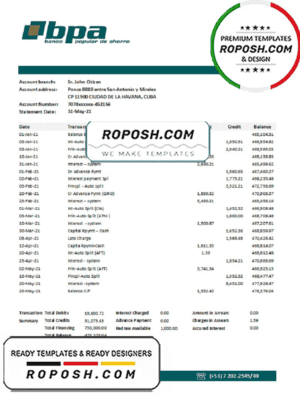 Cuba Banco Popular de Ahorro (BPA) bank statement easy to fill template in Excel and PDF format