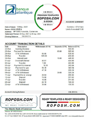 Cameroon Atlantic bank statement template in Excel and PDF format