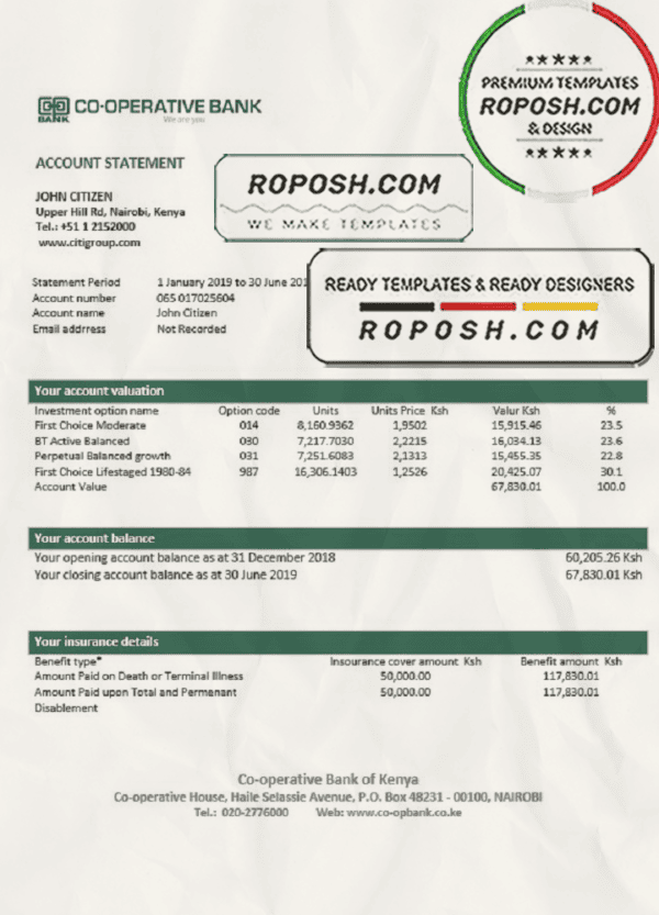 Kenya Co-Operative Bank proof of address statement template in Word and PDF format, .doc and .pdf format