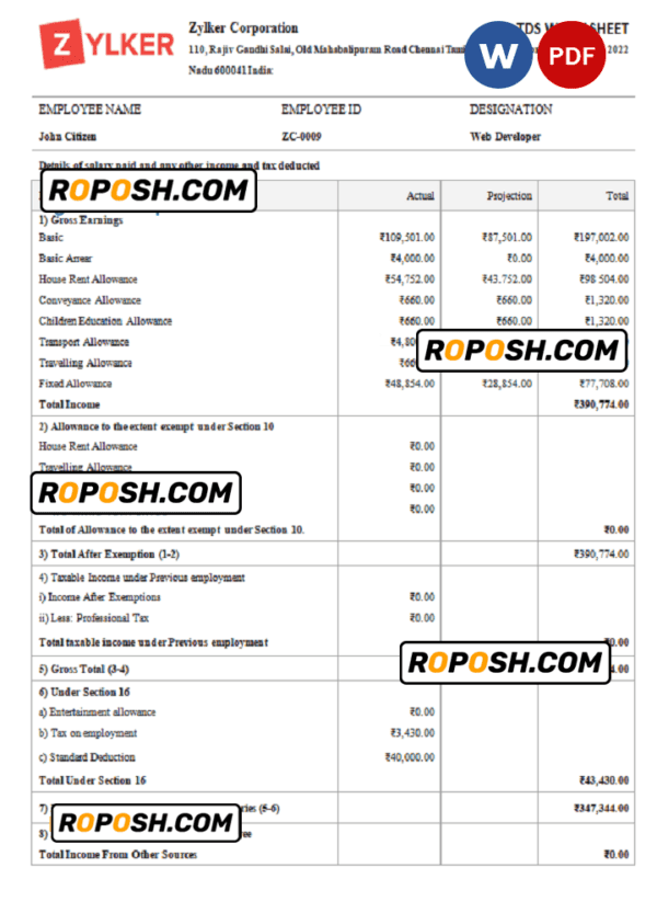 India Zylker Corporation software company pay stub Word and PDF template