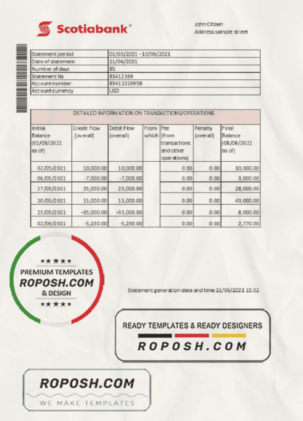 Hong Kong Scotiabank proof of address statement template in Word and PDF format (.doc and .pdf)